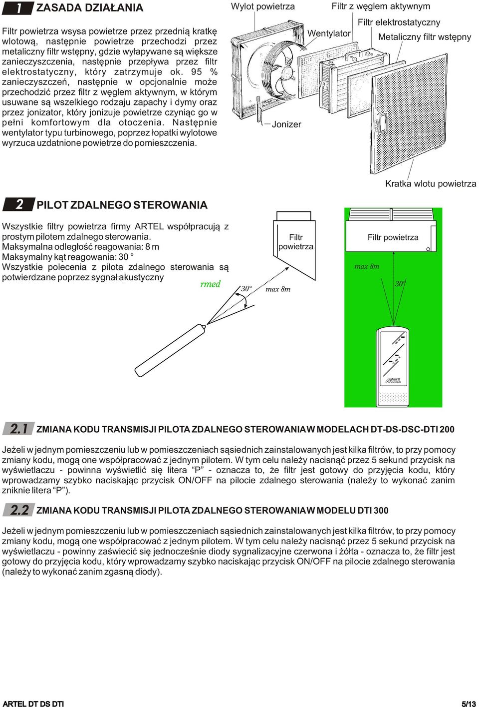 95 % zanieczyszczeñ, nastêpnie w opcjonalnie mo e przechodziæ przez filtr z wêglem aktywnym, w którym usuwane s¹ wszelkiego rodzaju zapachy i dymy oraz przez jonizator, który jonizuje powietrze