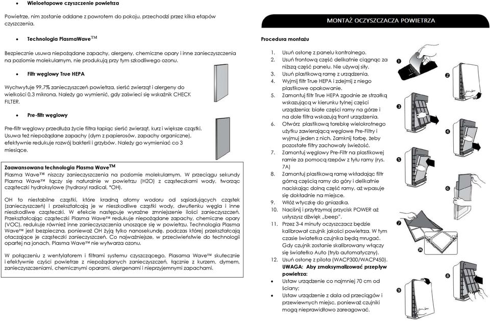 Filtr węglwy True HEPA Wychwytuje 99,7% zanieczyszczeń pwietrza, sierść zwierząt i alergeny d wielkści 0,3 mikrna. Należy g wymienić, gdy zaświeci się wskaźnik CHECK FILTER.