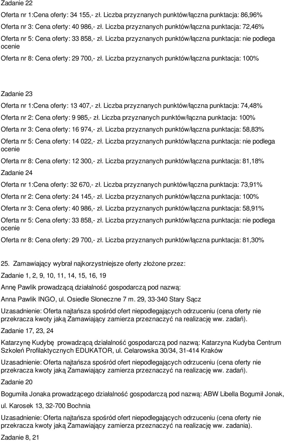 Liczba przyznanych punktów/łączna punktacja: 100% Zadanie 23 Oferta nr 1:Cena oferty: 13 407,- zł. Liczba przyznanych punktów/łączna punktacja: 74,48% Oferta nr 2: Cena oferty: 9 985,- zł.