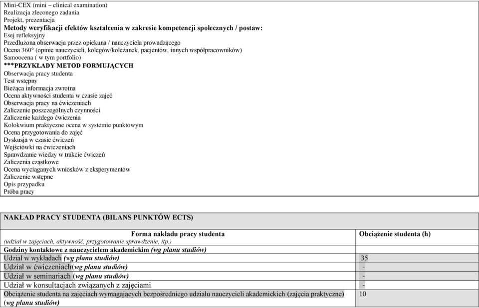 Obserwacja pracy studenta Test wstępny Bieżąca informacja Ocena aktywności Obserwacja pracy na ćwiczeniach Zaliczenie poszczególnych czynności Zaliczenie każdego ćwiczenia Kolokwium praktyczne ocena