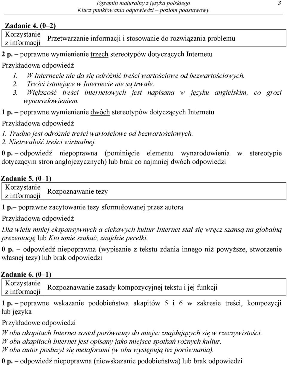 Większość treści internetowych jest napisana w języku angielskim, co grozi wynarodowieniem. 1 p. poprawne wymienienie dwóch stereotypów dotyczących Internetu 1.