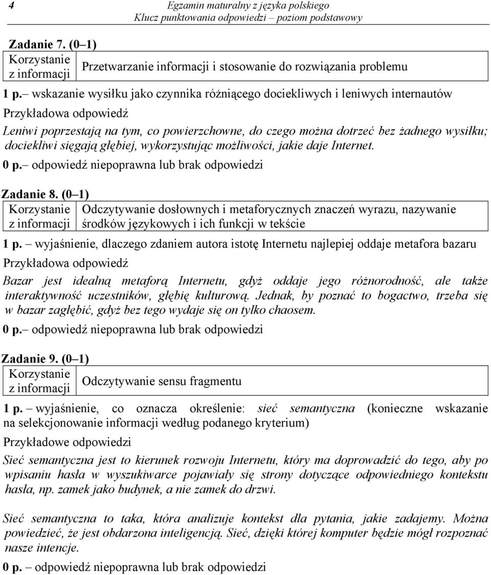 wykorzystując możliwości, jakie daje Internet. 0 p. odpowiedź niepoprawna lub brak odpowiedzi Zadanie 8.