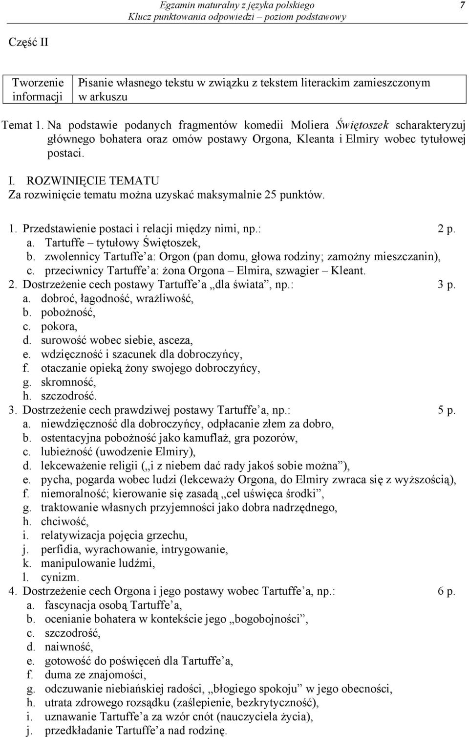 ROZWINIĘCIE TEMATU Za rozwinięcie tematu można uzyskać maksymalnie 25 punktów. 1. Przedstawienie postaci i relacji między nimi, np.: 2 p. a. Tartuffe tytułowy Świętoszek, b.