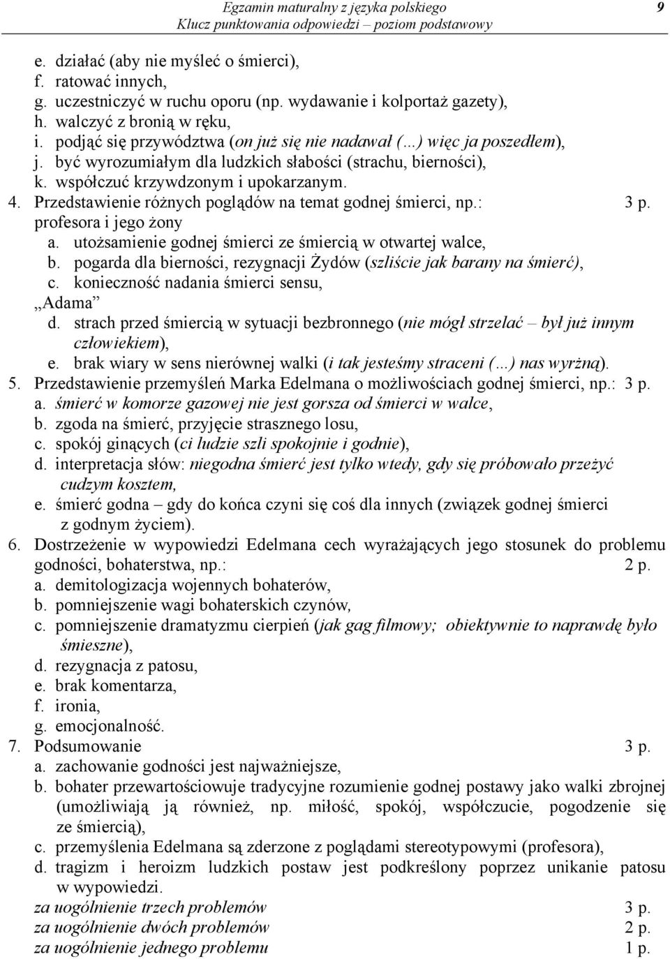 Przedstawienie różnych poglądów na temat godnej śmierci, np.: 3 p. profesora i jego żony a. utożsamienie godnej śmierci ze śmiercią w otwartej walce, b.