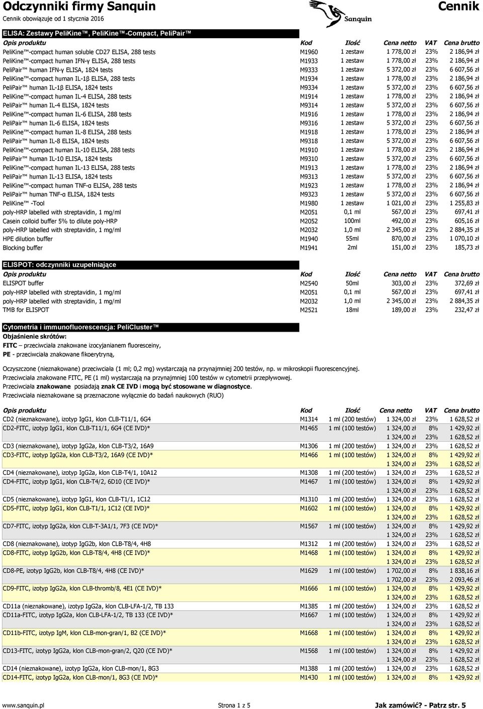 PeliPair human IL-1β ELISA, 1824 tests M9334 1 zestaw 5 372,00 zł 6 607,56 zł PeliKine -compact human IL-4 ELISA, 288 tests M1914 1 zestaw 1 778,00 zł 2 186,94 zł PeliPair human IL-4 ELISA, 1824