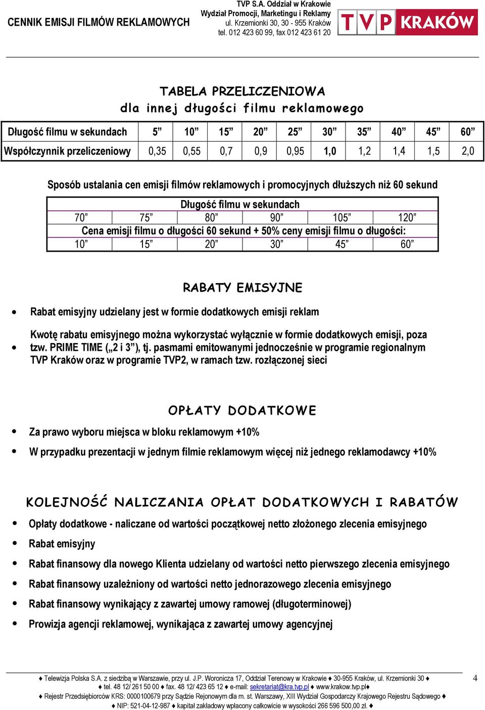 1,0 1,2 1,4 1,5 2,0 Sposób ustalania cen emisji filmów reklamowych i promocyjnych dłuŝszych niŝ 60 sekund Długość filmu w sekundach 70 75 80 90 105 120 Cena emisji filmu o długości 60 sekund + 50%