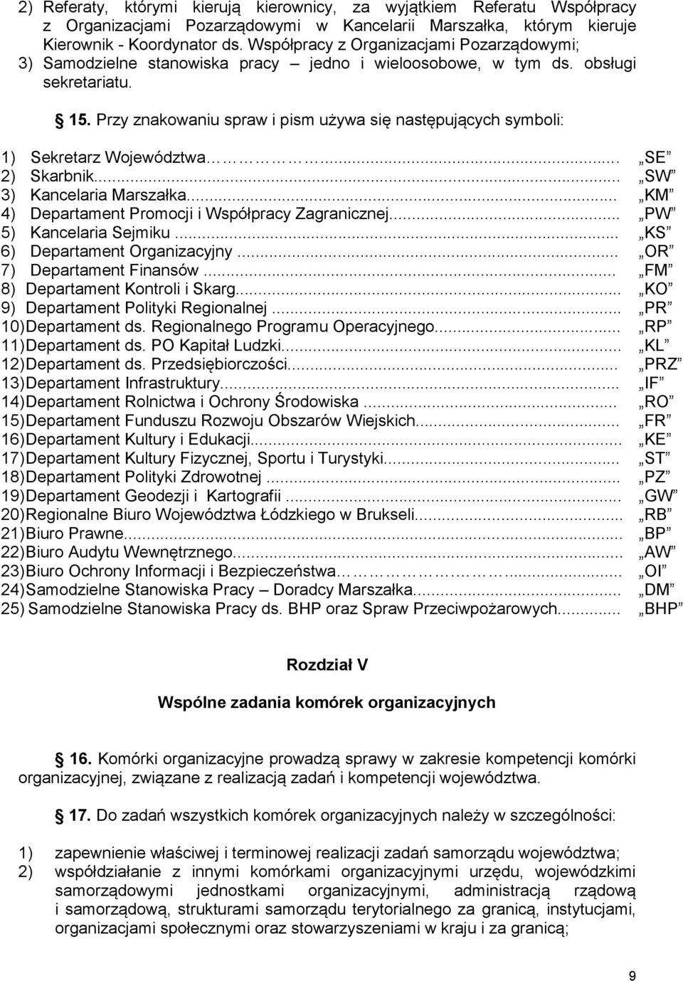 Przy znakowaniu spraw i pism używa się następujących symboli: 1) Sekretarz Województwa... 2) Skarbnik... 3) Kancelaria Marszałka... 4) Departament Promocji i Współpracy Zagranicznej.