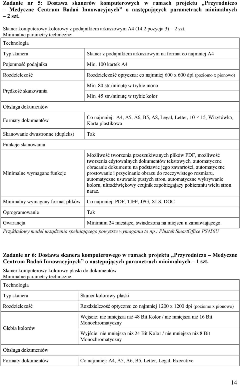 Minimalne parametry techniczne: Technologia Typ skanera Pojemność podajnika Rozdzielczość Prędkość skanowania Skaner z podajnikiem arkuszowym na format co najmniej A4 Min.