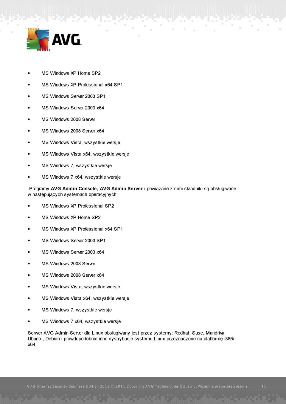 następujących systemach operacyjnych: MS Windows XP Professional SP2  Windows Vista x64, wszystkie wersje MS Windows 7, wszystkie wersje MS Windows 7 x64, wszystkie wersje Serwer AVG Admin Server dla