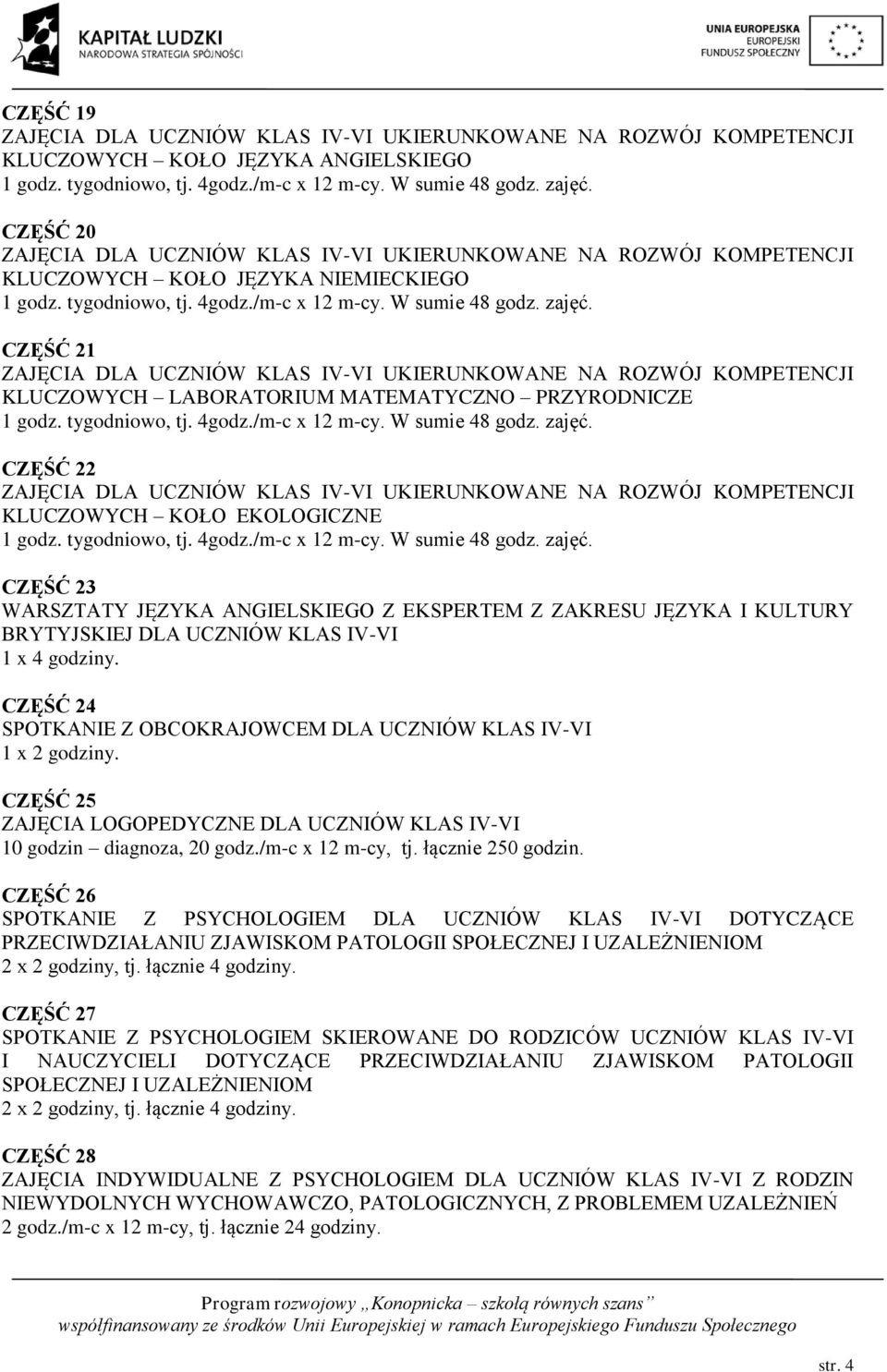 CZĘŚĆ 25 ZAJĘCIA LOGOPEDYCZNE DLA UCZNIÓW KLAS IV-VI 10 godzin diagnoza, 20 godz./m-c x 12 m-cy, tj. łącznie 250 godzin.