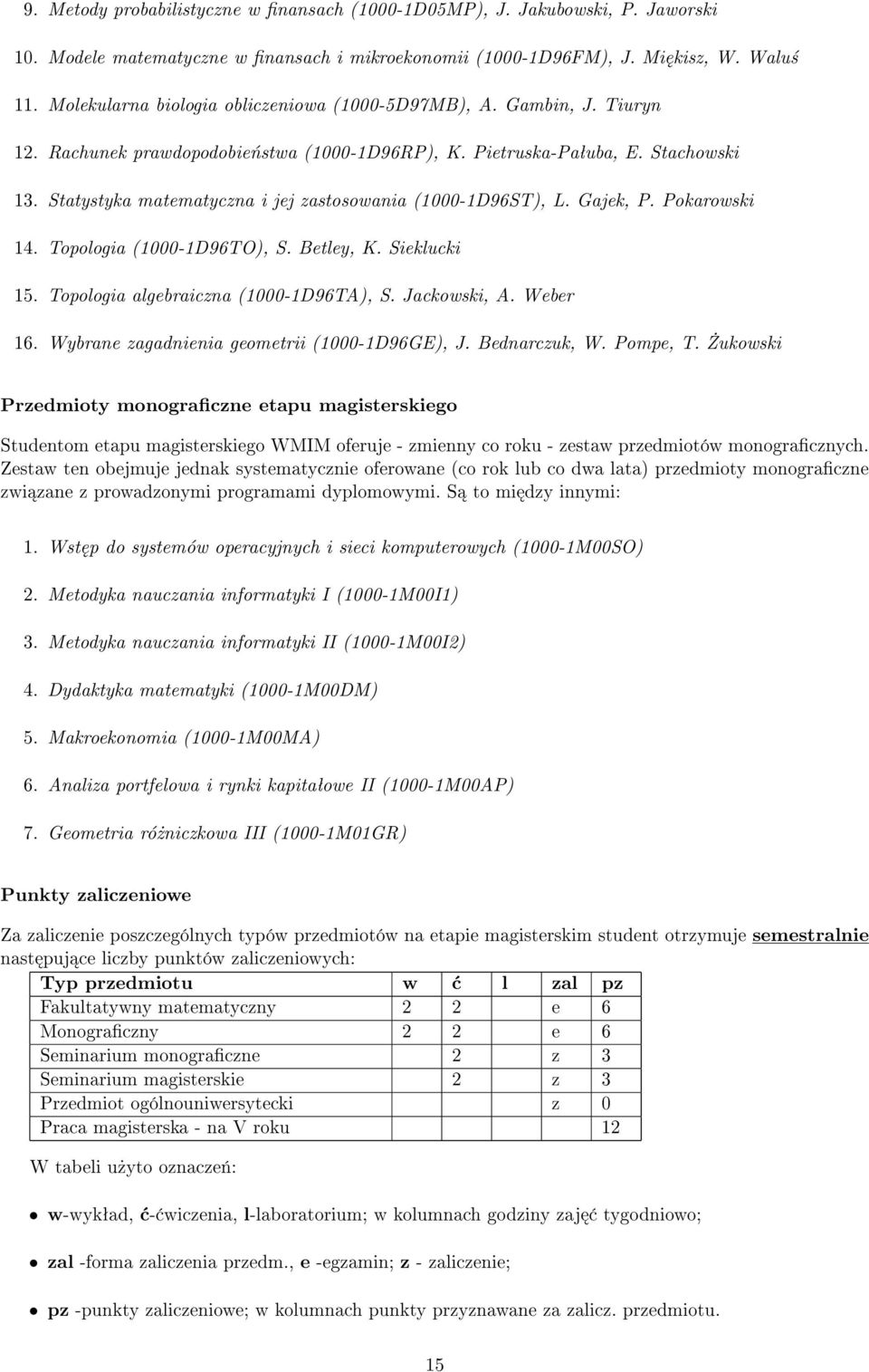 Statystyka matematyczna i jej zastosowania (1000-1D96ST), L. Gajek, P. Pokarowski 14. Topologia (1000-1D96TO), S. Betley, K. Sieklucki 15. Topologia algebraiczna (1000-1D96TA), S. Jackowski, A.