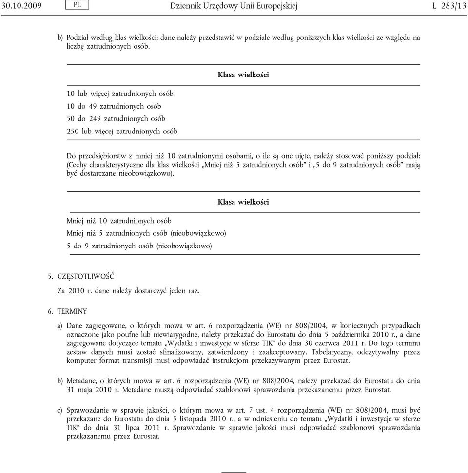ile są one ujęte, należy stosować poniższy podział: (Cechy charakterystyczne dla klas wielkości Mniej niż 5 zatrudnionych osób i 5 do 9 zatrudnionych osób mają być dostarczane nieobowiązkowo).
