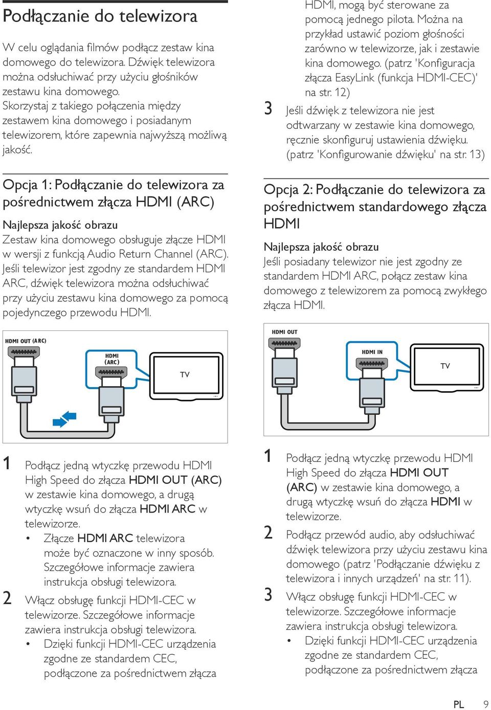 Opcja 1: Podłączanie do telewizora za pośrednictwem złącza HDMI (ARC) Najlepsza jakość obrazu Zestaw kina domowego obsługuje złącze HDMI w wersji z funkcją Audio Return Channel (ARC).