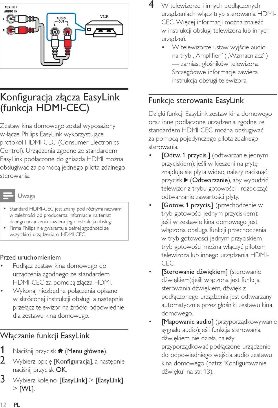 Uwaga Standard HDMI-CEC jest znany pod różnymi nazwami w zależności od producenta. Informacje na temat danego urządzenia zawiera jego instrukcja obsługi.