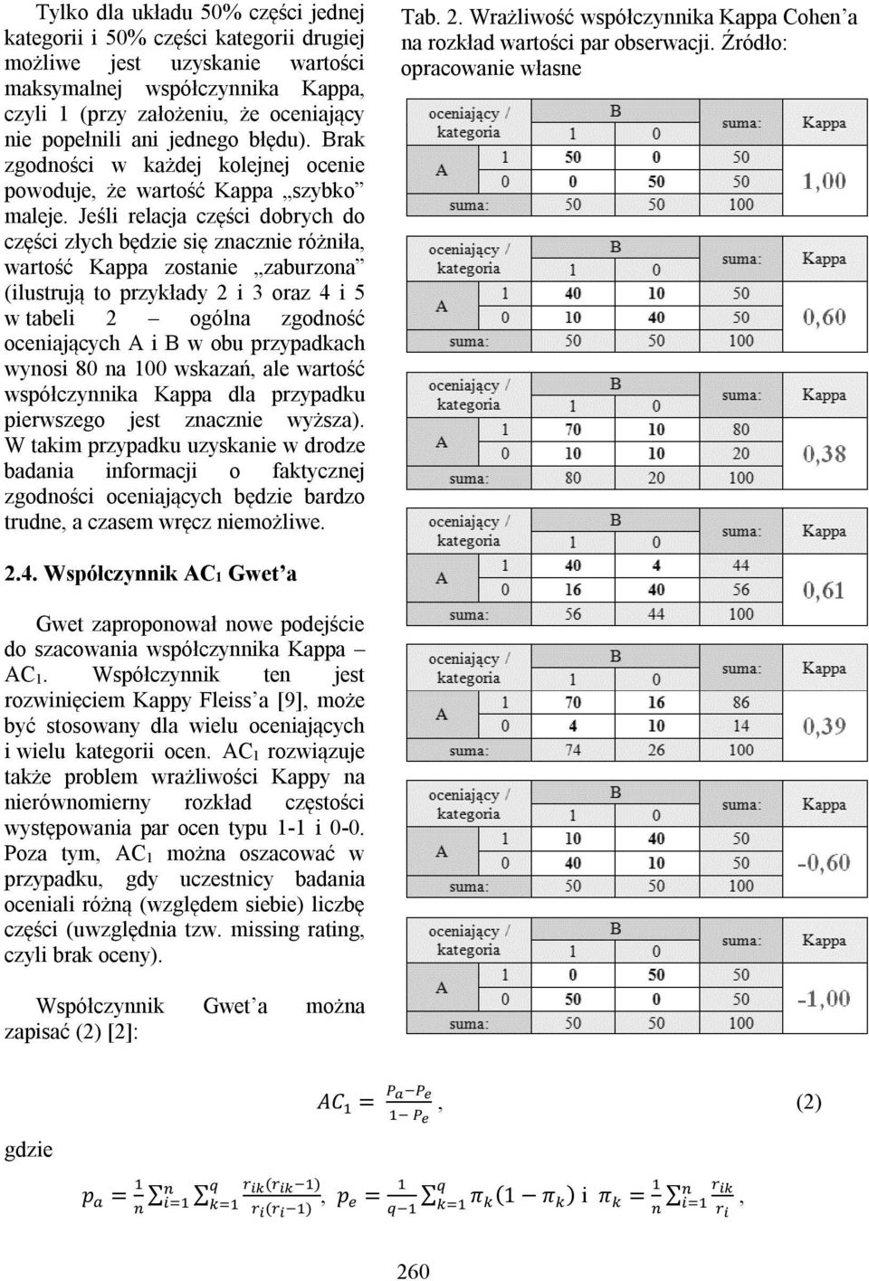 Jeśli relacja części dobrych do części złych będzie się znacznie różniła, wartość Kappa zostanie zaburzona (ilustrują to przykłady 2 i 3 oraz 4 i 5 w tabeli 2 ogólna zgodność oceniających A i B w obu