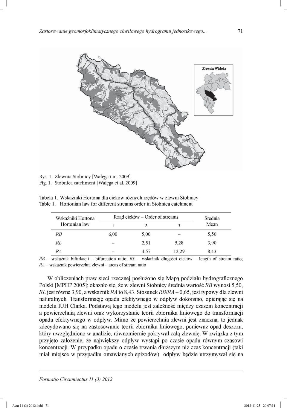 Hortonian law for different streams order in Stobnica catchment Wskaźniki Hortona Hortonian law Rząd cieków Order of streams Średnia Mean 1 2 3 RB 6,00 5,00 5,50 RL 2,51 5,28 3,90 RA 4,57 12,29 8,43