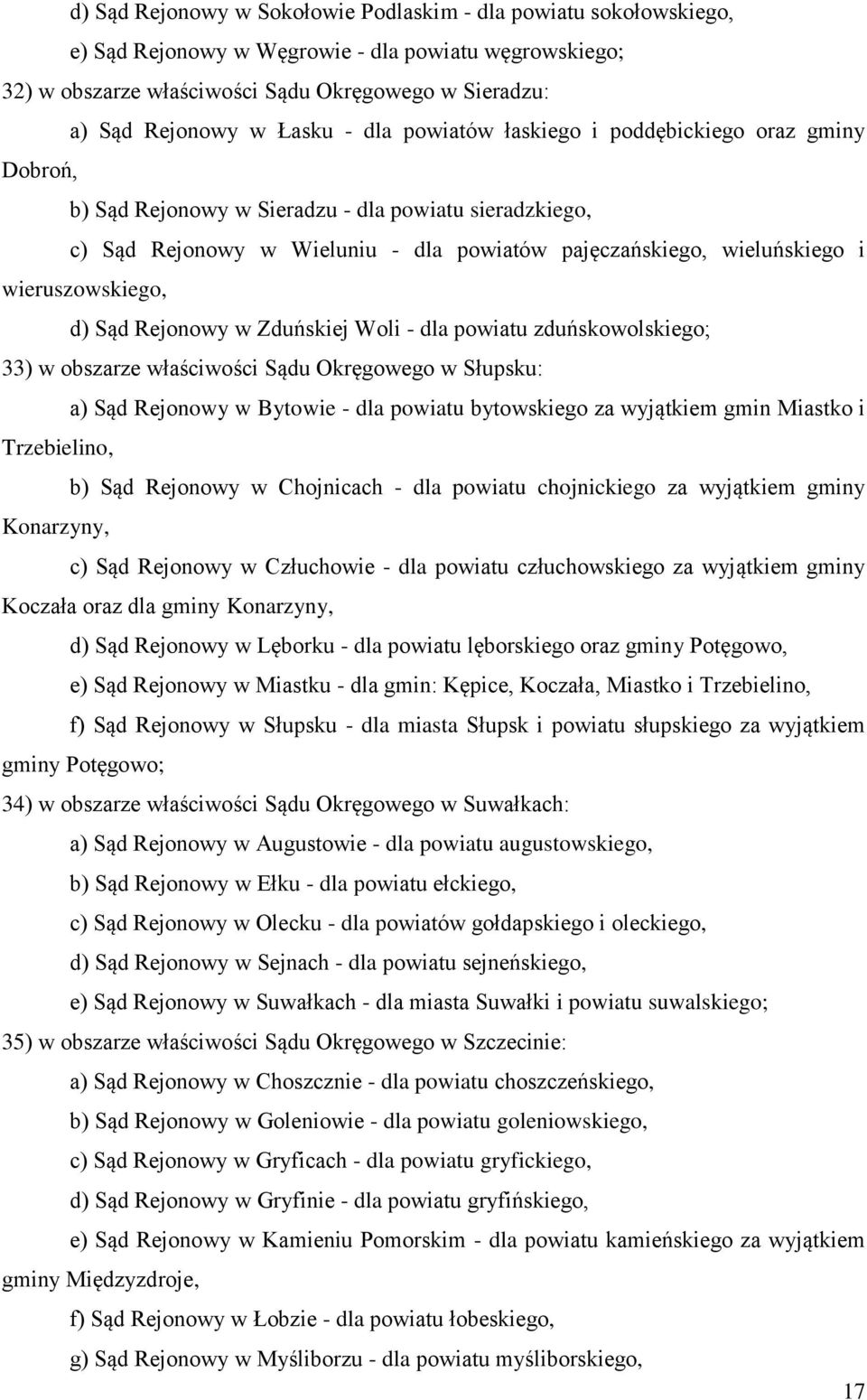 wieruszowskiego, d) Sąd Rejonowy w Zduńskiej Woli - dla powiatu zduńskowolskiego; 33) w obszarze właściwości Sądu Okręgowego w Słupsku: a) Sąd Rejonowy w Bytowie - dla powiatu bytowskiego za