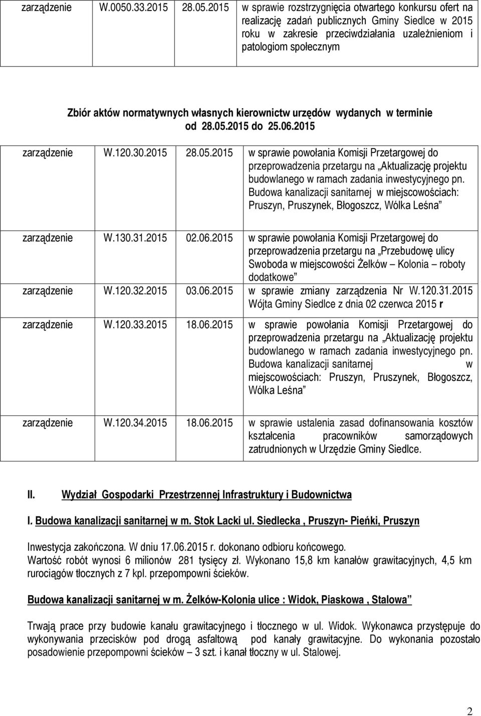 2015 w sprawie rozstrzygnięcia otwartego konkursu ofert na realizację zadań publicznych Gminy Siedlce w 2015 roku w zakresie przeciwdziałania uzależnieniom i patologiom społecznym Zbiór aktów