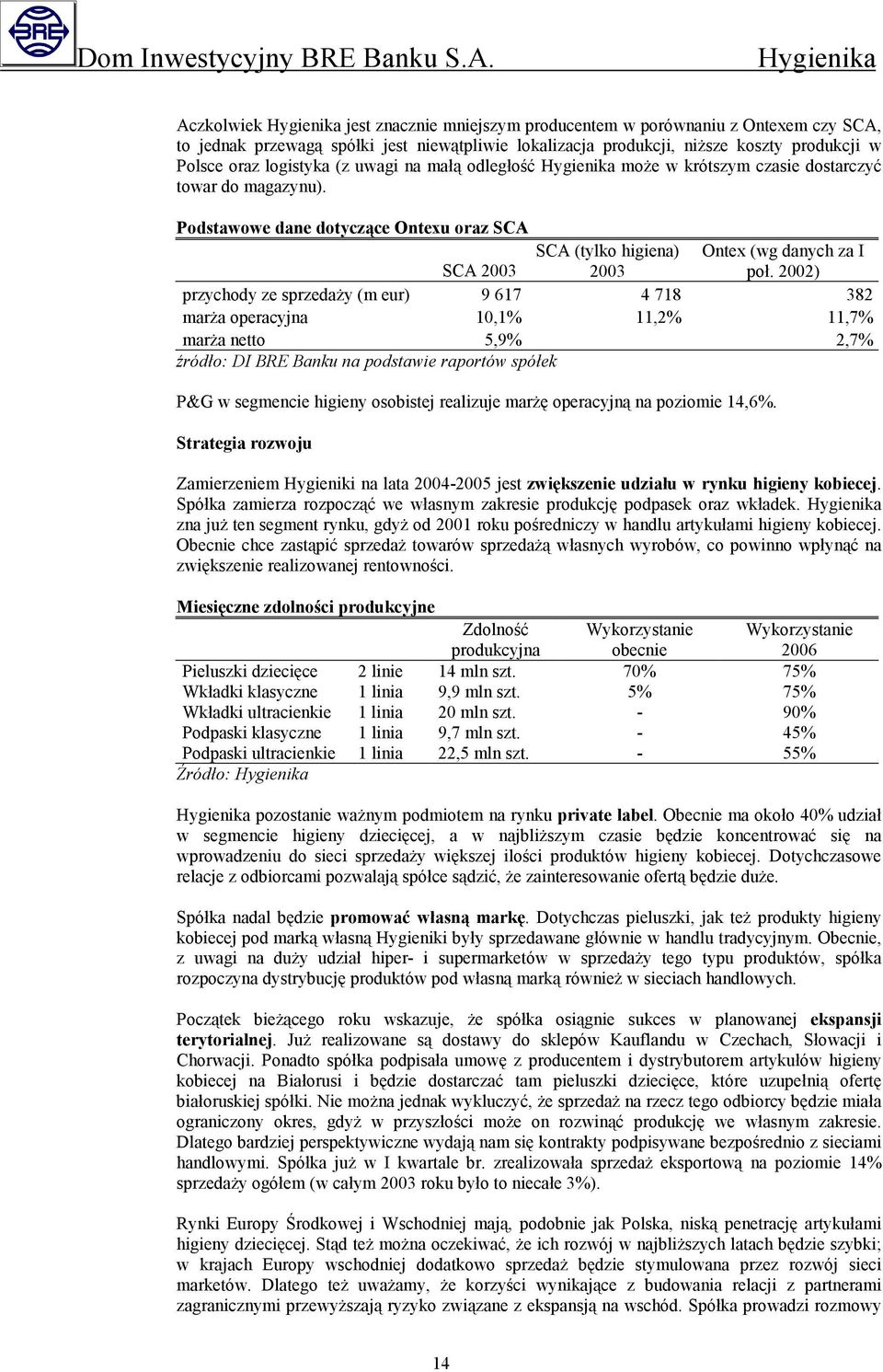 2002) przychody ze sprzedaży (m eur) 9 617 4 718 382 marża operacyjna 10,1% 11,2% 11,7% marża netto 5,9% 2,7% źródło: DI BRE Banku na podstawie raportów spółek P&G w segmencie higieny osobistej