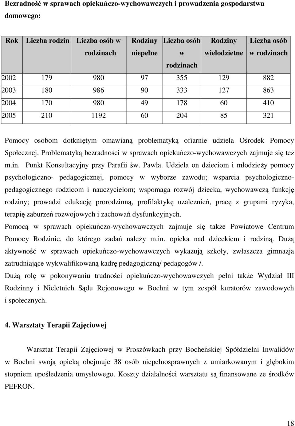 Pomocy Społecznej. Problematyką bezradności w sprawach opiekuńczo-wychowawczych zajmuje się teŝ m.in. Punkt Konsultacyjny przy Parafii św. Pawła.