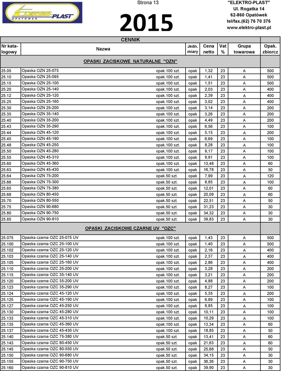 100 szt. opak 3,14 23 A 200 25.35 Opaska OZN 35-140 opak.100 szt. opak 3,26 23 A 200 25.40 Opaska OZN 35-200 opak.100 szt. opak 4,49 23 A 200 25.43 Opaska OZN 35-290 opak.100 szt. opak 6,56 23 A 100 25.