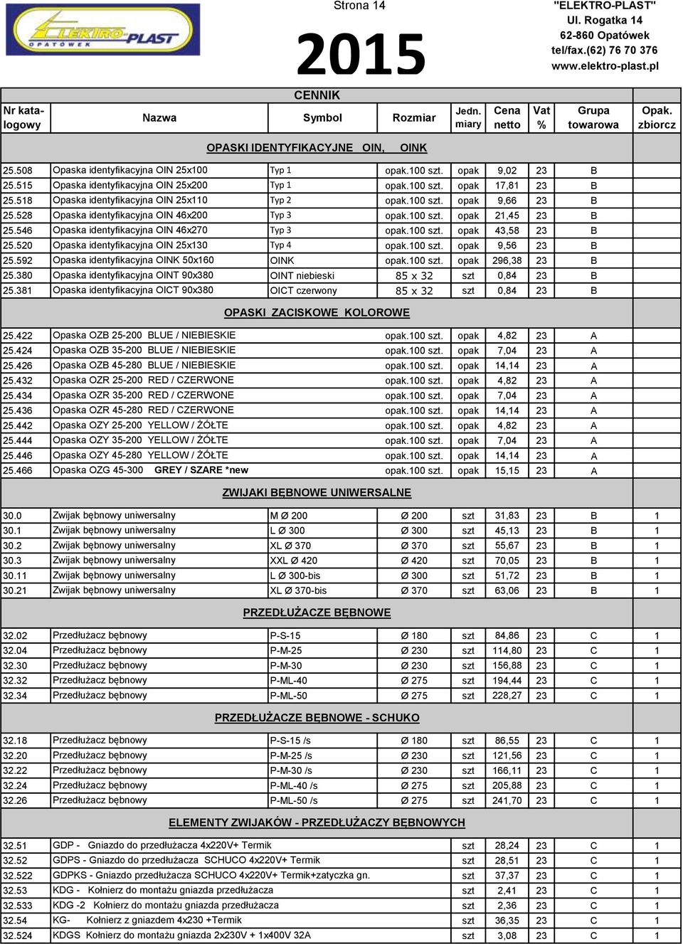 546 Opaska identyfikacyjna OIN 46x270 Typ 3 opak.100 szt. opak 43,58 23 B 25.520 Opaska identyfikacyjna OIN 25x130 Typ 4 opak.100 szt. opak 9,56 23 B 25.