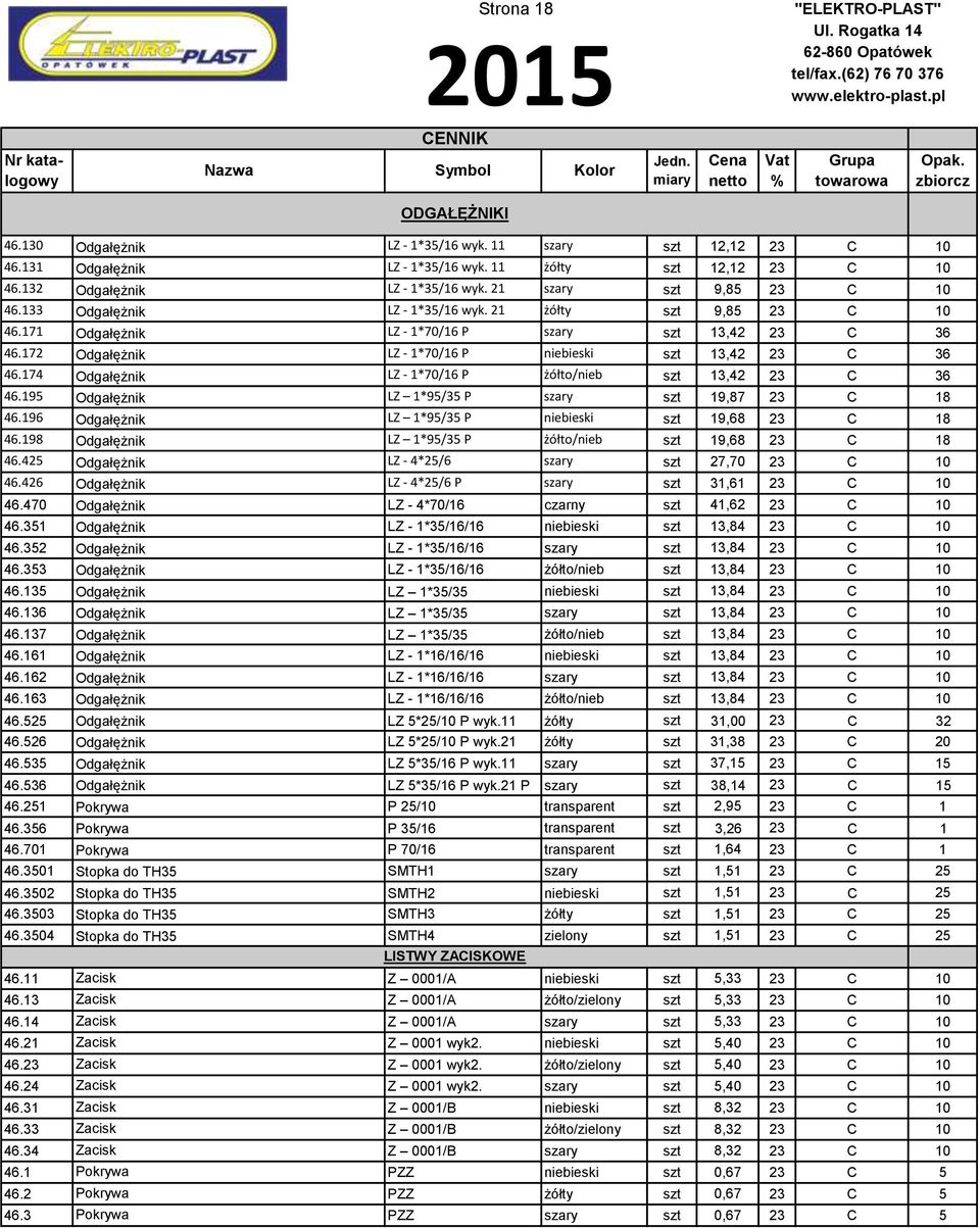 172 Odgałężnik LZ - 1*70/16 P niebieski szt 13,42 23 C 36 46.174 Odgałężnik LZ - 1*70/16 P żółto/nieb szt 13,42 23 C 36 46.195 Odgałężnik LZ 1*95/35 P szary szt 19,87 23 C 18 46.