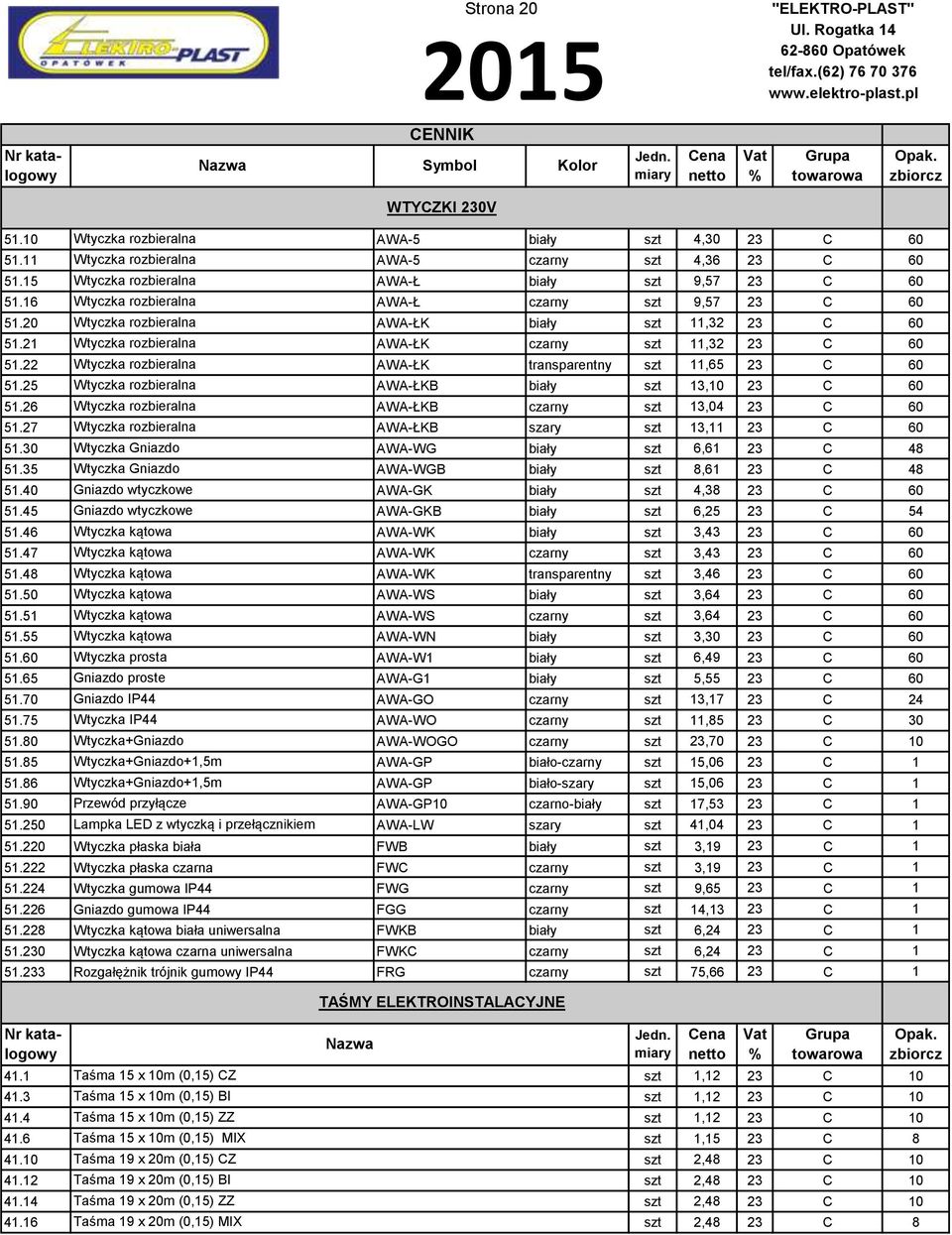 21 Wtyczka rozbieralna AWA-ŁK czarny szt 11,32 23 C 60 51.22 Wtyczka rozbieralna AWA-ŁK transparentny szt 11,65 23 C 60 51.25 Wtyczka rozbieralna AWA-ŁKB biały szt 13,10 23 C 60 51.