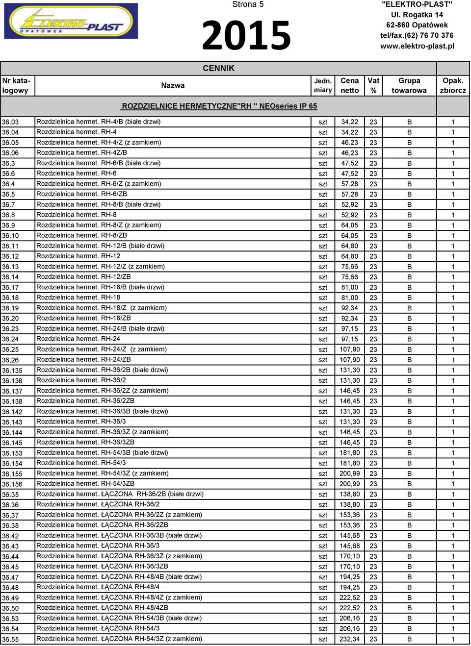 4 Rozdzielnica hermet. RH-6/Z (z zamkiem) szt 57,28 23 B 1 36.5 Rozdzielnica hermet. RH-6/ZB szt 57,28 23 B 1 36.7 Rozdzielnica hermet. RH-8/B (białe drzwi) szt 52,92 23 B 1 36.8 Rozdzielnica hermet.