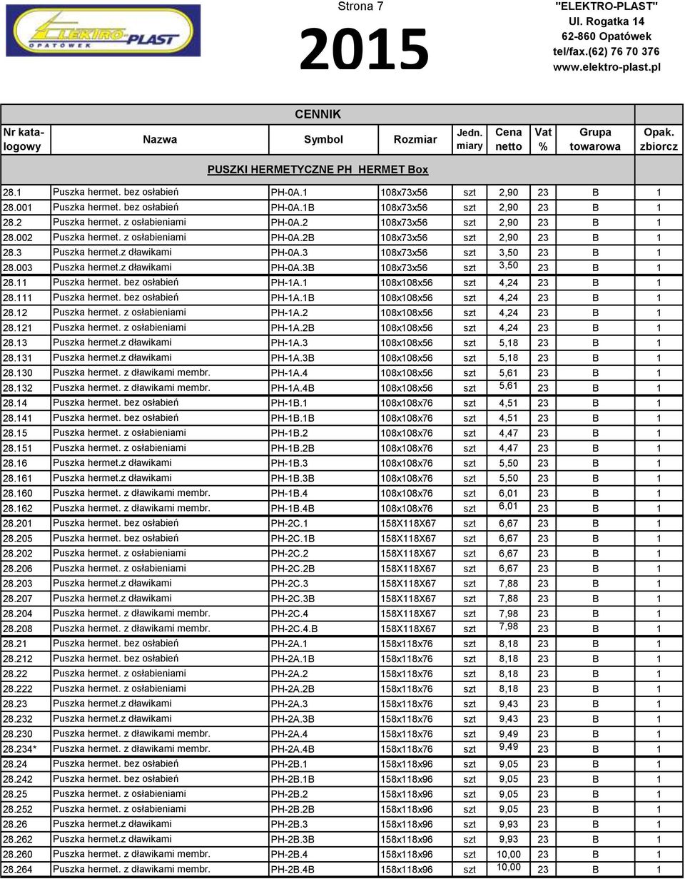 3 108x73x56 szt 3,50 23 B 1 28.003 Puszka hermet.z dławikami PH-0A.3B 108x73x56 szt 3,50 23 B 1 28.11 Puszka hermet. bez osłabień PH-1A.1 108x108x56 szt 4,24 23 B 1 28.111 Puszka hermet.