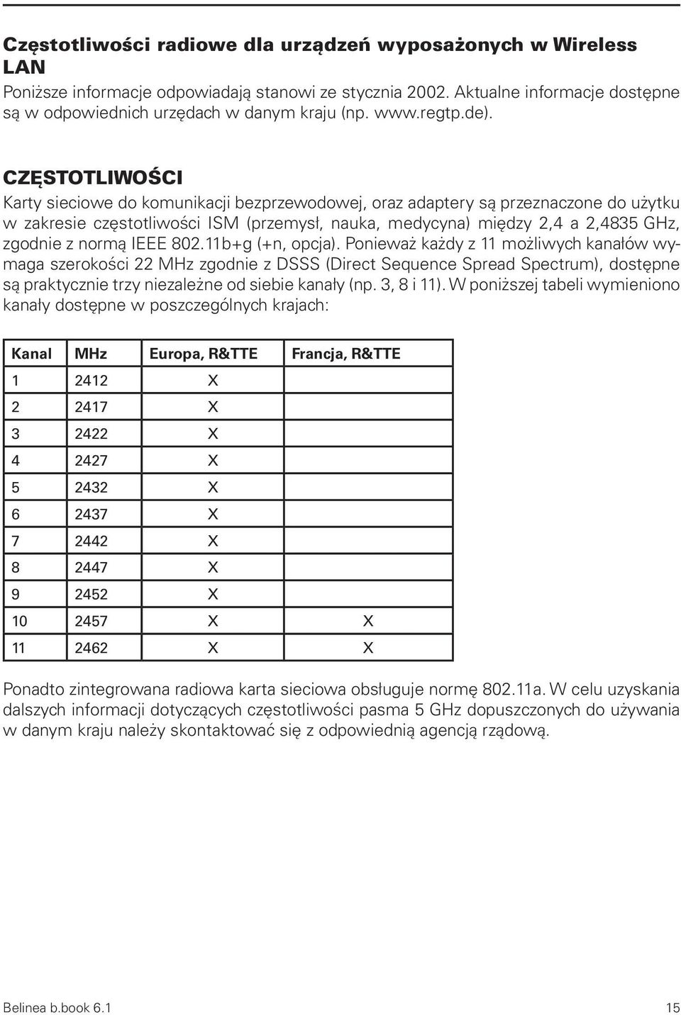 CZĘSTOTLIWOŚCI Karty sieciowe do komunikacji bezprzewodowej, oraz adaptery są przeznaczone do użytku w zakresie częstotliwości ISM (przemysł, nauka, medycyna) między 2,4 a 2,4835 GHz, zgodnie z normą