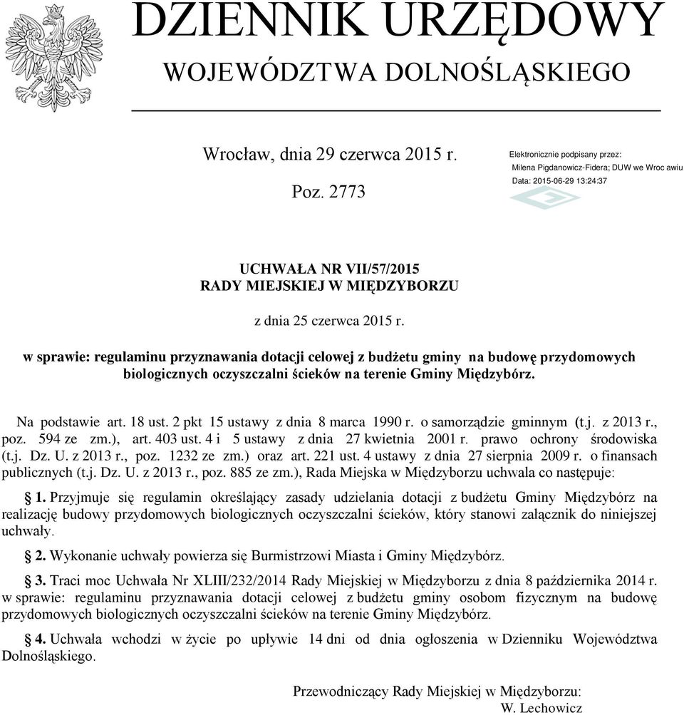 2 pkt 15 ustawy z dnia 8 marca 1990 r. o samorządzie gminnym (t.j. z 2013 r., poz. 594 ze zm.), art. 403 ust. 4 i 5 ustawy z dnia 27 kwietnia 2001 r. prawo ochrony środowiska (t.j. Dz. U. z 2013 r., poz. 1232 ze zm.