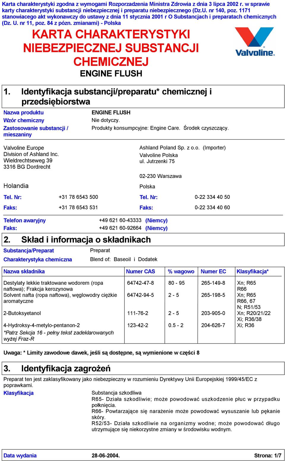 KARTA CHARAKTERYSTYKI NIEBEZPIECZNEJ SUBSTANCJI CHEMICZNEJ ENGINE FLUSH Identyfikacja substancji/preparatu* chemicznej i przedsiębiorstwa Nazwa produktu Wzór chemiczny Zastosowanie substancji /