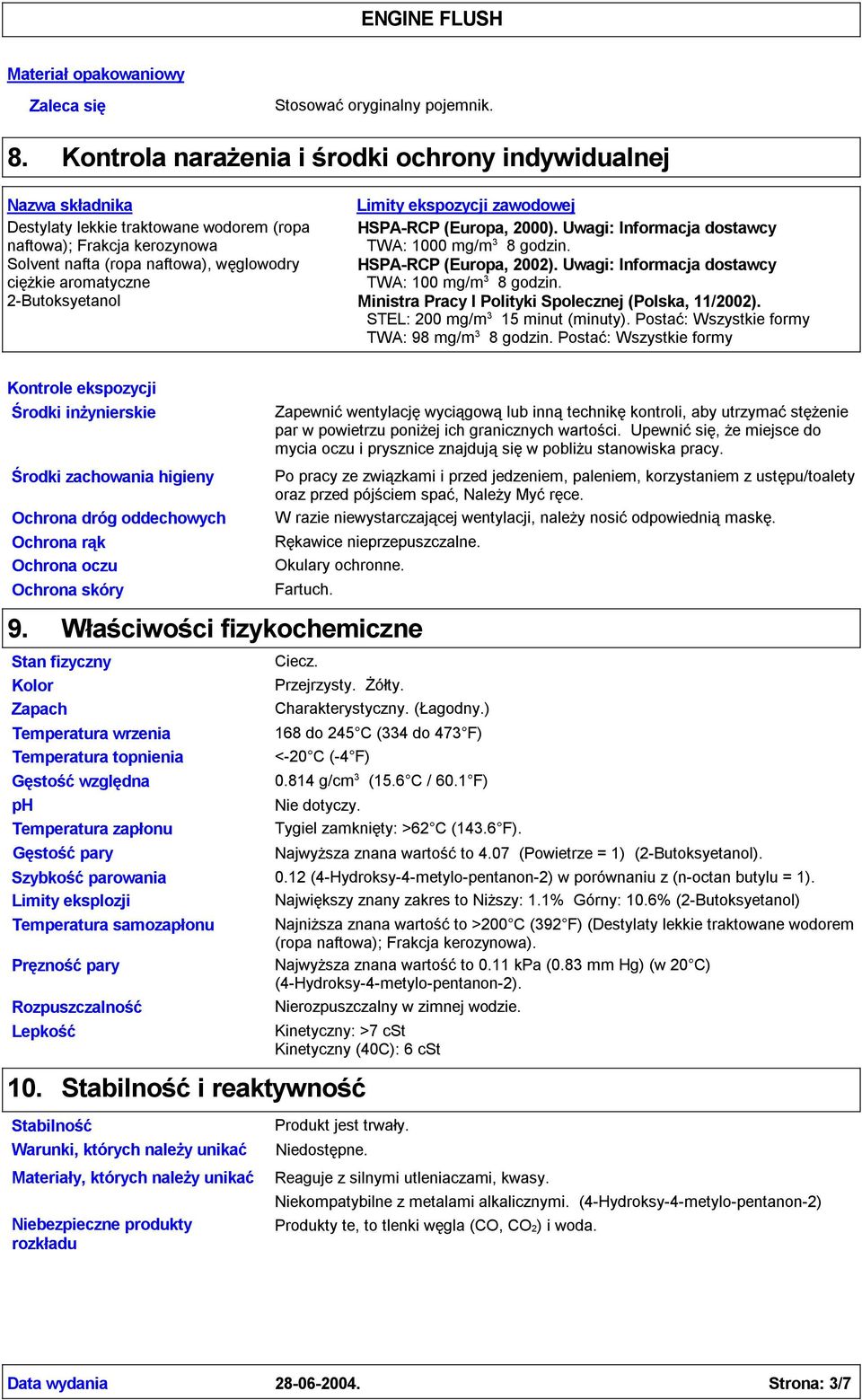 Uwagi: Informacja dostawcy naftowa); Frakcja kerozynowa TWA: 1000 mg/m 3 8 godzin. Solvent nafta (ropa naftowa), węglowodry HSPA-RCP (Europa, 2002).