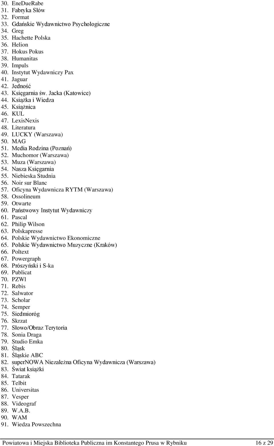 Muchomor (Warszawa) 53. Muza (Warszawa) 54. Nasza Księgarnia 55. Niebieska Studnia 56. Noir sur Blanc 57. Oficyna Wydawnicza RYTM (Warszawa) 58. Ossolineum 59. Otwarte 60.