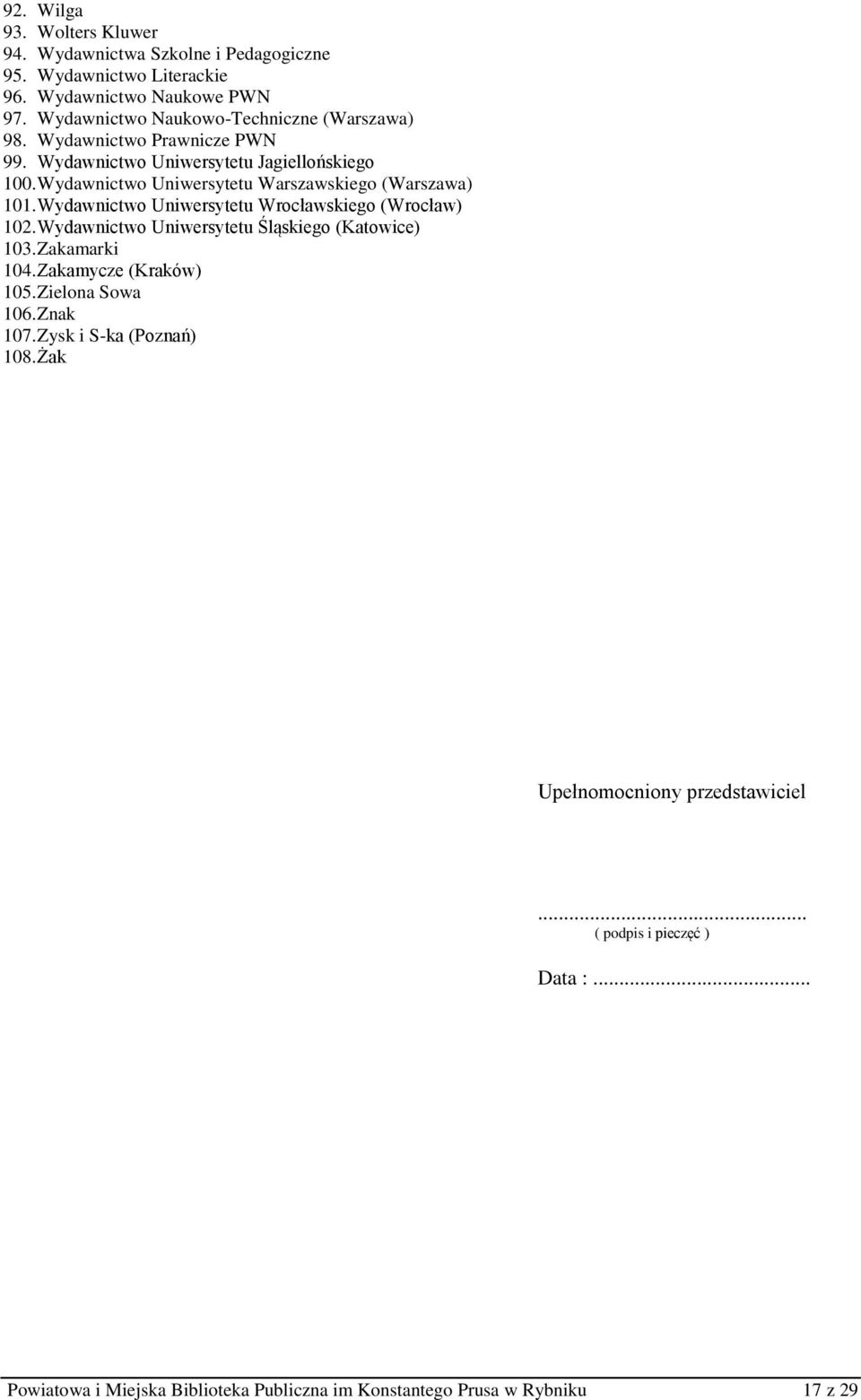 Wydawnictwo Uniwersytetu Warszawskiego (Warszawa) 101. Wydawnictwo Uniwersytetu Wrocławskiego (Wrocław) 102. Wydawnictwo Uniwersytetu Śląskiego (Katowice) 103.