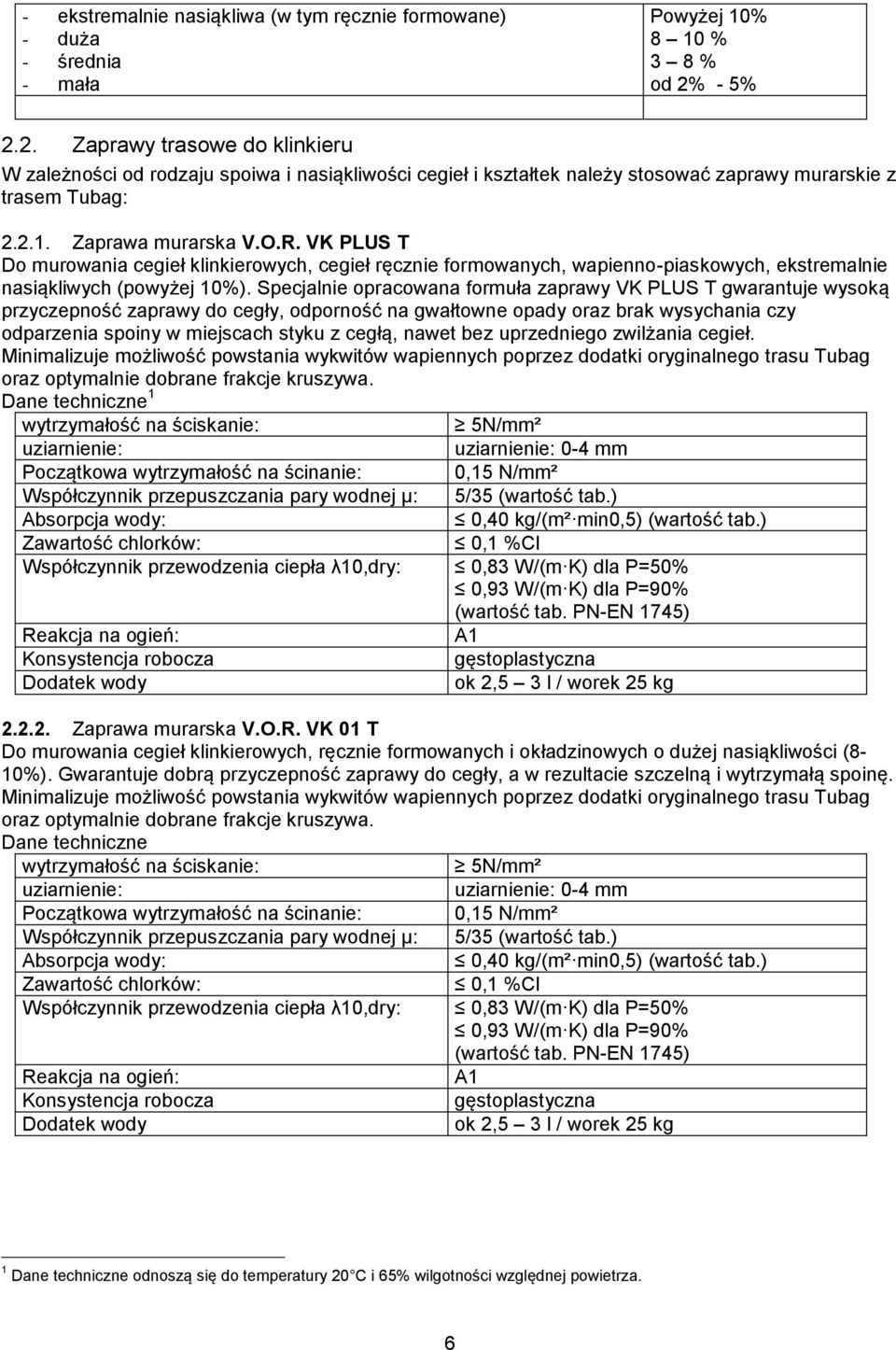 VK PLUS T Do murowania cegieł klinkierowych, cegieł ręcznie formowanych, wapienno-piaskowych, ekstremalnie nasiąkliwych (powyżej 10%).