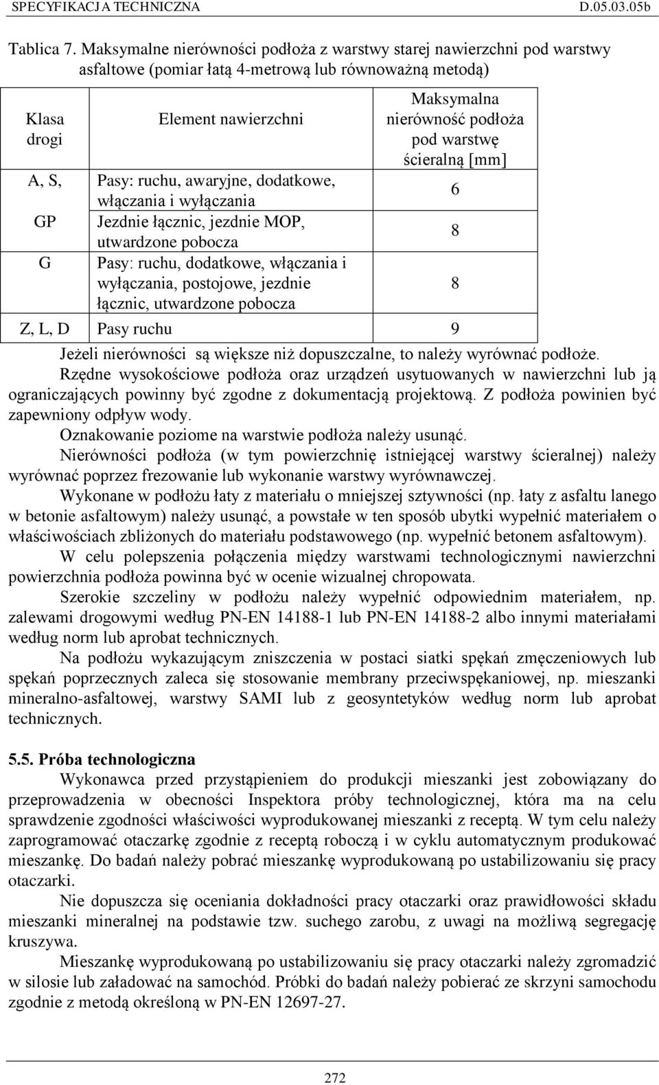 włączania i wyłączania GP Jezdnie łącznic, jezdnie MOP, utwardzone pobocza G Pasy: ruchu, dodatkowe, włączania i wyłączania, postojowe, jezdnie łącznic, utwardzone pobocza Maksymalna nierówność