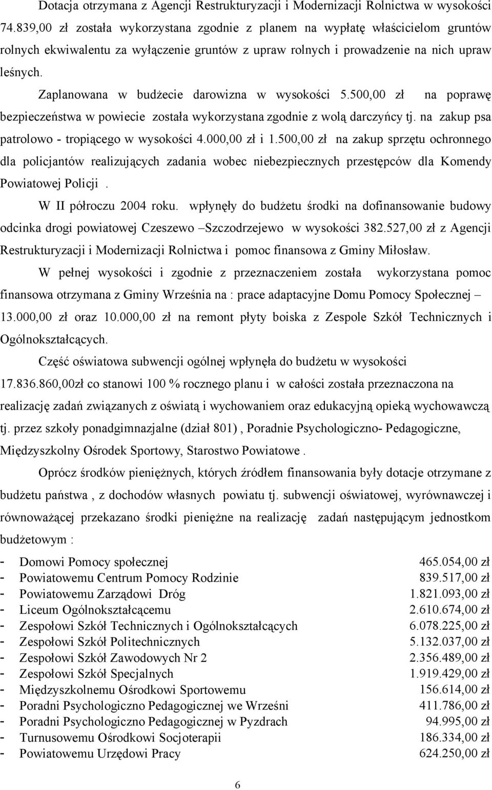 Zaplanowana w budżecie darowizna w wysokości 5.500,00 zł na poprawę bezpieczeństwa w powiecie została wykorzystana zgodnie z wolą darczyńcy tj. na zakup psa patrolowo - tropiącego w wysokości 4.