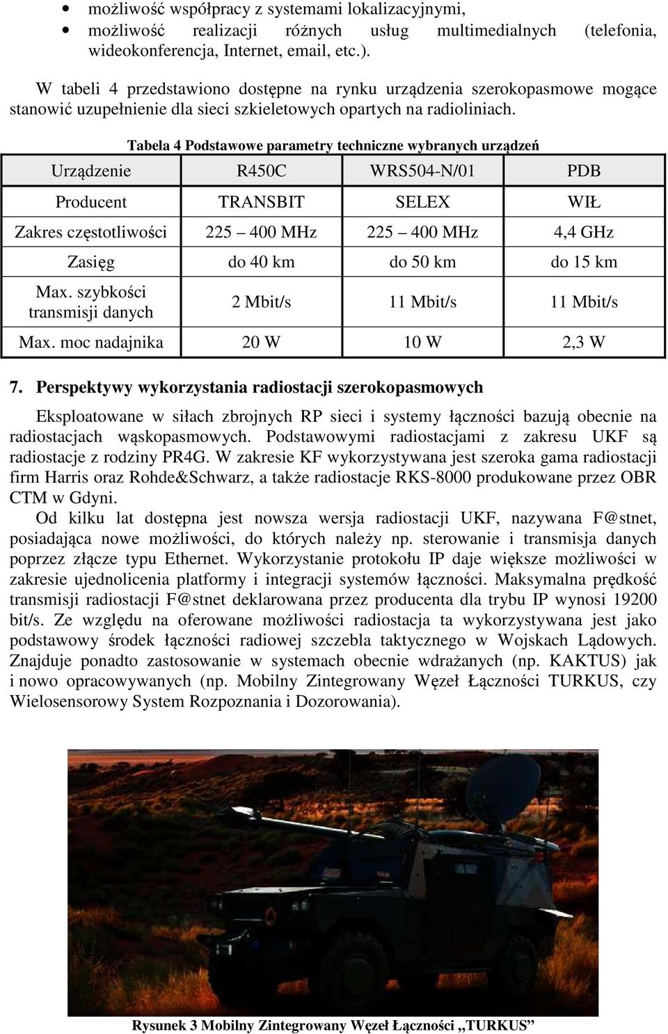 Tabela 4 Podstawowe parametry techniczne wybranych urządzeń Urządzenie R450C WRS504-N/01 PDB Producent TRANSBIT SELEX WIŁ Zakres częstotliwości 225 400 MHz 225 400 MHz 4,4 GHz Zasięg do 40 km do 50