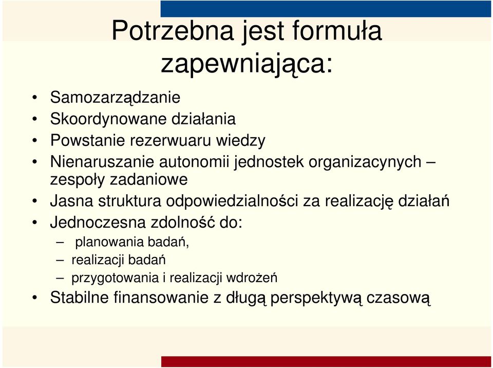 struktura odpowiedzialności za realizację działań Jednoczesna zdolność do: planowania badań,