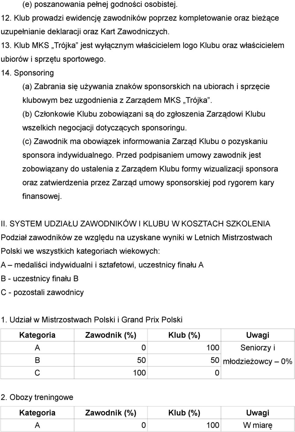 Sponsoring (a) Zabrania się używania znaków sponsorskich na ubiorach i sprzęcie klubowym bez uzgodnienia z Zarządem MKS Trójka.