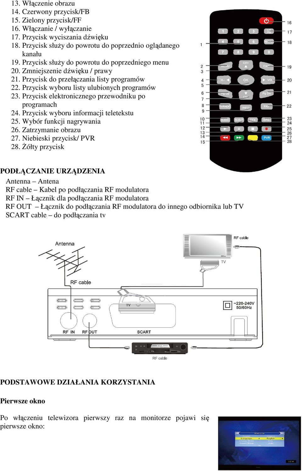 Przycisk elektronicznego przewodniku po programach 24. Przycisk wyboru informacji teletekstu 25. Wybór funkcji nagrywania 26. Zatrzymanie obrazu 27. Niebieski przycisk/ PVR 28.