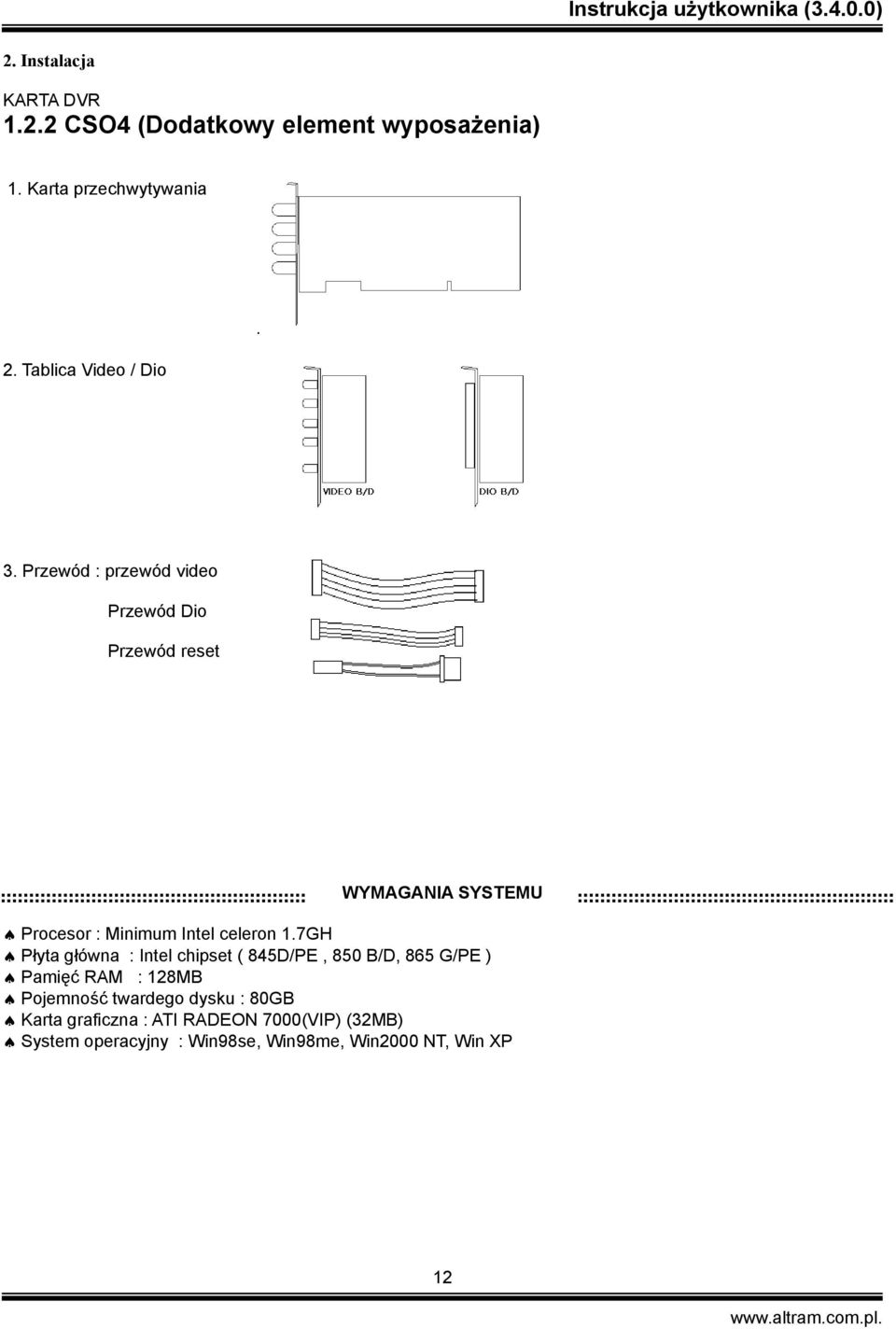 Przewód : przewód video Przewód Dio Przewód reset WYMAGANIA SYSTEMU Procesor : Minimum Intel celeron 1.