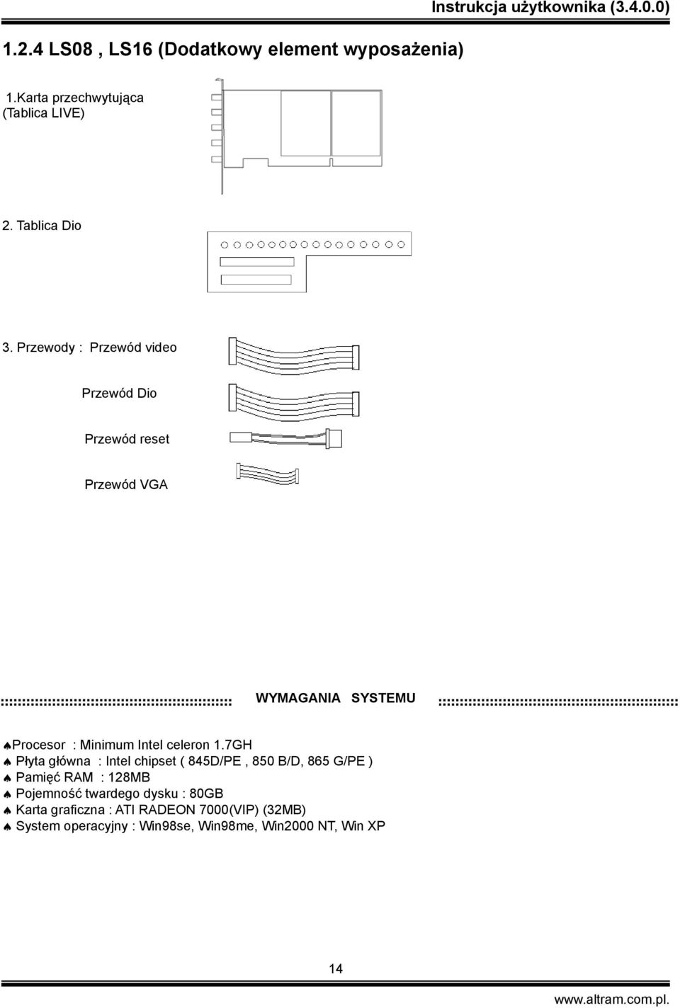 Przewody : Przewód video Przewód Dio Przewód reset Przewód VGA WYMAGANIA SYSTEMU Procesor : Minimum Intel celeron 1.