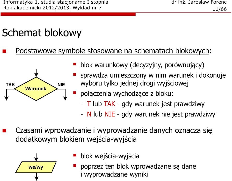 z loku: - T lu TAK - gdy warunek jest prawdziwy - N lu NIE - gdy warunek nie jest prawdziwy Czasami wprowadzanie i wyprowadzanie