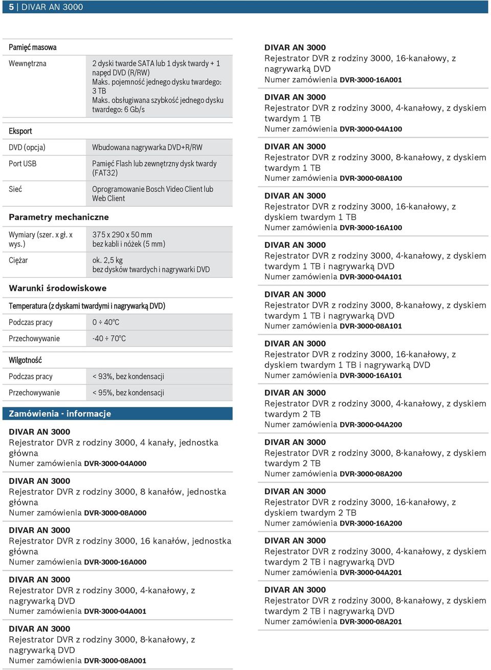 ) Ciężar Warnki środowiskowe Wbdowana nagrywarka DVD+R/RW Pamięć Flash lb zewnętrzny dysk twardy (FAT32) Oprogramowanie Bosch Video Client lb Web Client 375 x 290 x 50 mm bez kabli i nóżek (5 mm) ok.