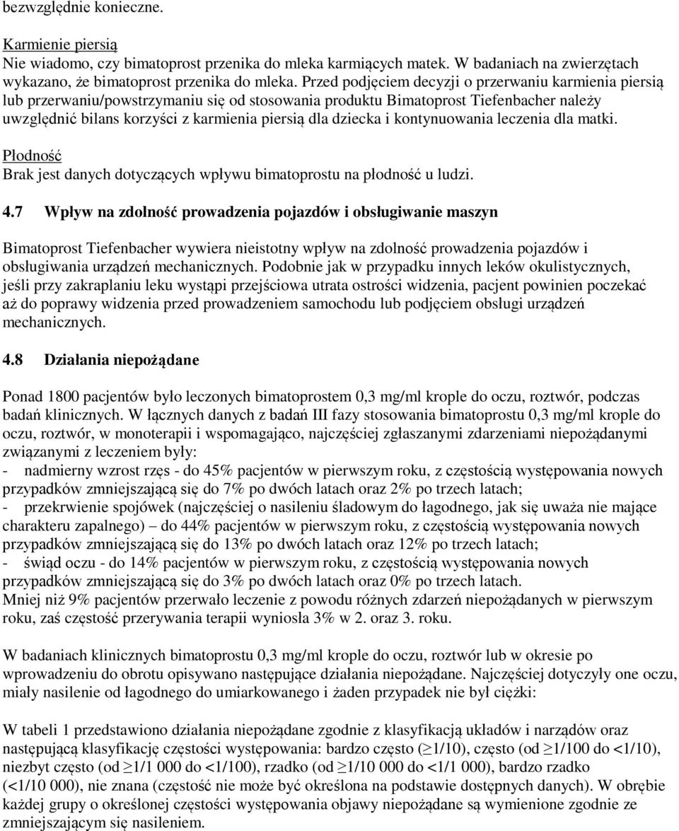 dziecka i kontynuowania leczenia dla matki. Płodność Brak jest danych dotyczących wpływu bimatoprostu na płodność u ludzi. 4.