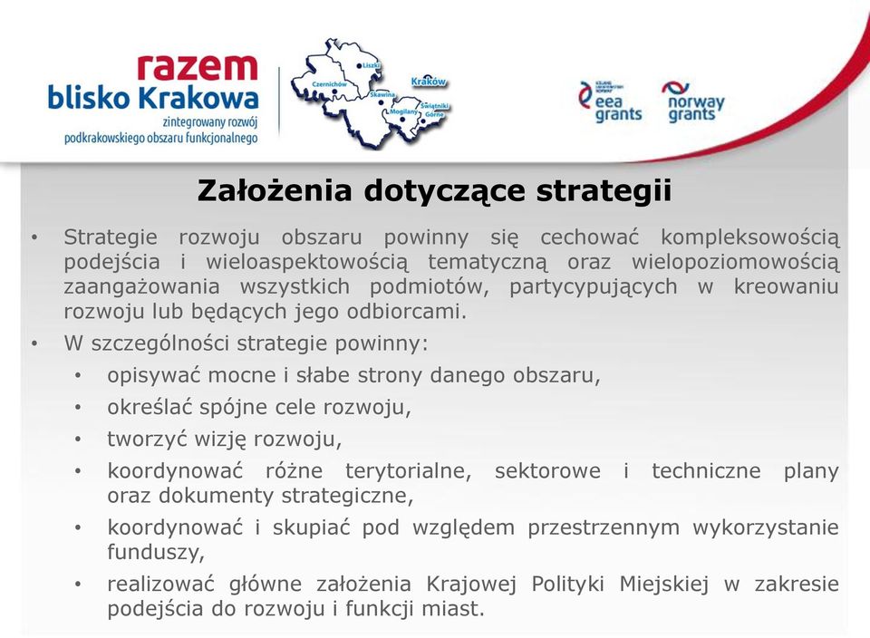 W szczególności strategie powinny: opisywać mocne i słabe strony danego obszaru, określać spójne cele rozwoju, tworzyć wizję rozwoju, koordynować różne terytorialne,