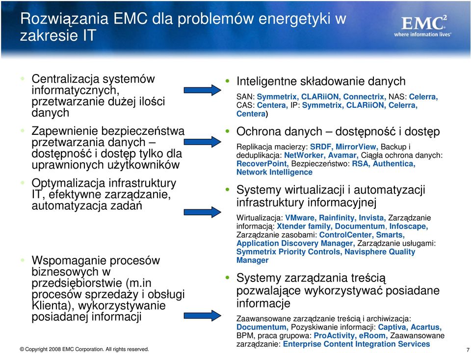 in procesów sprzedaży i obsługi Klienta), wykorzystywanie posiadanej informacji Inteligentne składowanie danych SAN: Symmetrix, CLARiiON, Connectrix, NAS: Celerra, CAS: Centera, IP: Symmetrix,